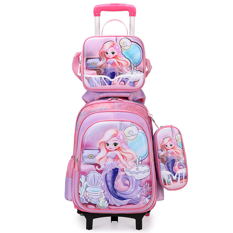 New arrival concave and convex leather primary school student pull rod school bag for grades 3 to 6 kids cartoon three-piece set backpack in stock