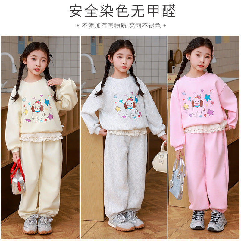 girls' spring/autumn tracksuit set - cartoon lace trim, outdoor two-piece korean style kids' clothing