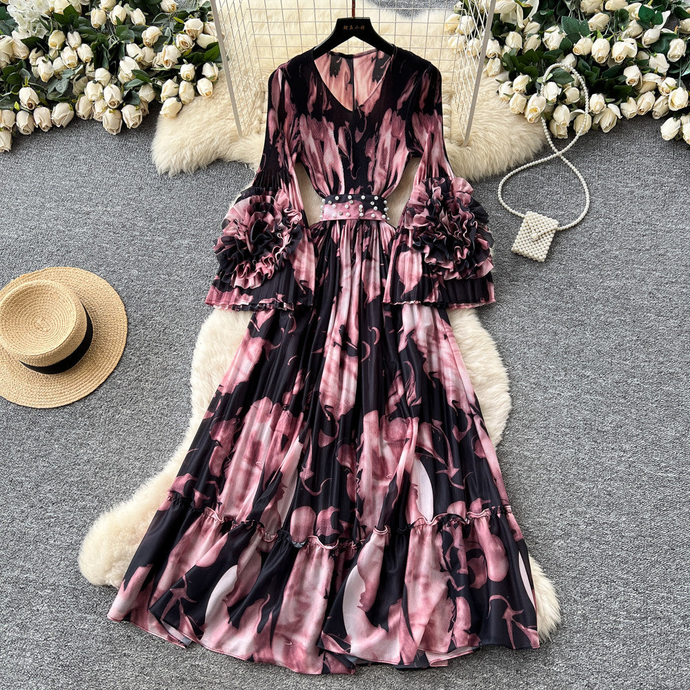 French printing women's long sleevesstereo flower v neck waist dress slimming look holiday style long skirtelegant