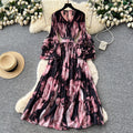 French printing women's long sleevesstereo flower v neck waist dress slimming look holiday style long skirtelegant