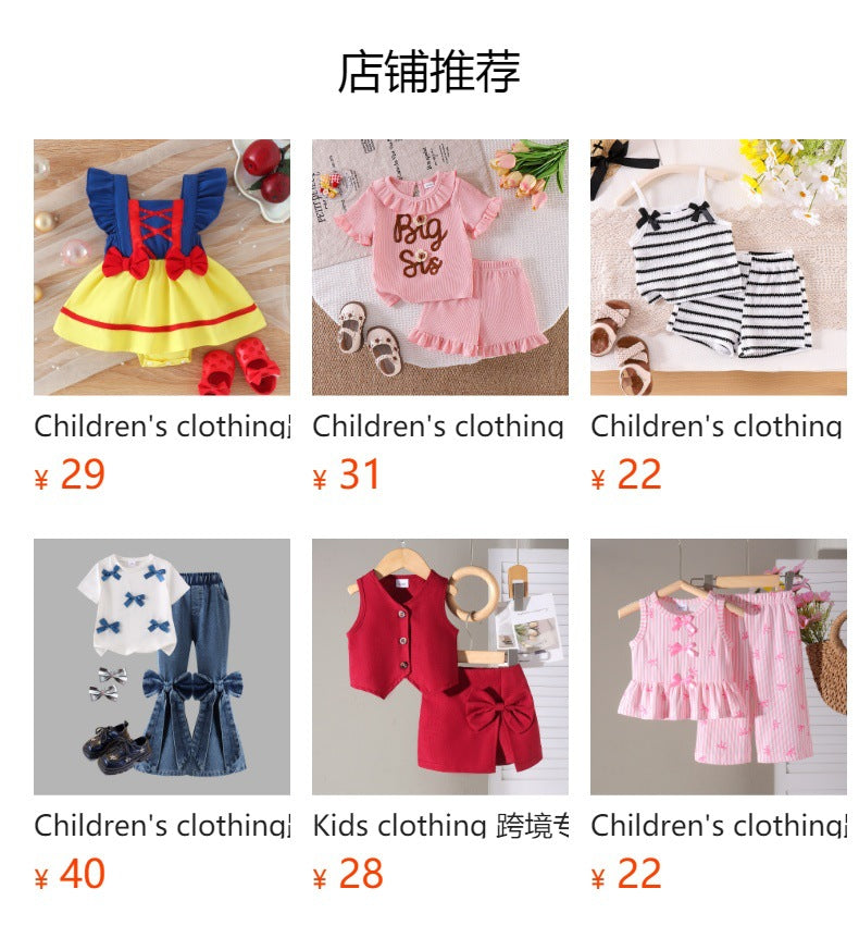 Children's clothing cross-border european and american girls white short-sleeved t-shirt + blue suspender skirt two-piece set