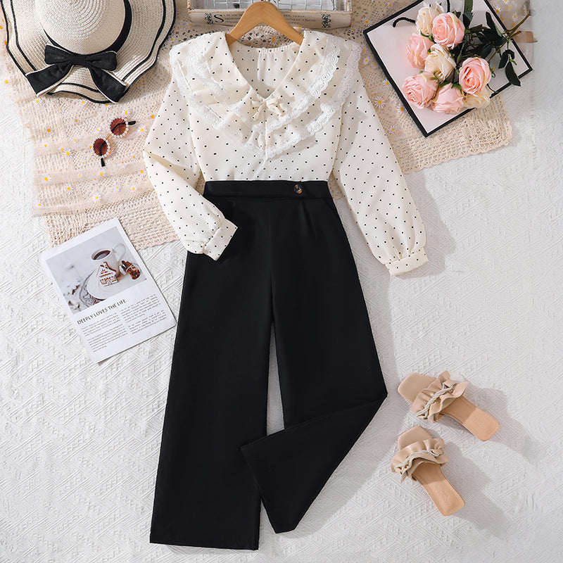spring new arrival: cross-border girls' and big girls' outfit set - stylish v-neck polka dot lace trim long sleeve casual pants