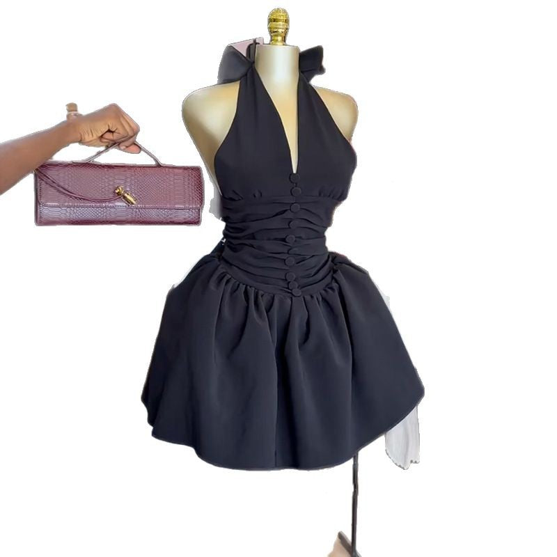 European and american cross-border women's fashion:  summer new arrival - elegant v-neck halter neck bowknot backless high-waisted mini dress
