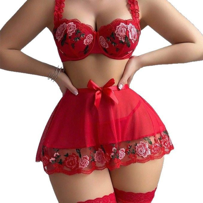 Vintage french lace embroidered three-piece lingerie set - sheer mesh temptation with suspender bra and bodycon skirt