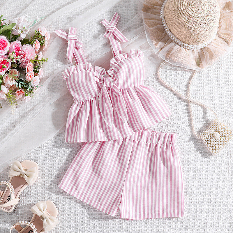 girls' summer outfit: new european and american style, toddler and child suspender top and shorts, fashionable striped two-piece set