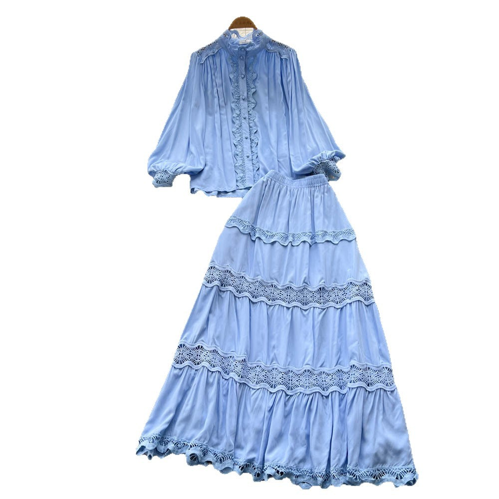 French court style two-piece set: women's high-end hollow-out lace patchwork lantern sleeve blouse and high-waisted flared midi skirt