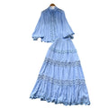 French court style two-piece set: women's high-end hollow-out lace patchwork lantern sleeve blouse and high-waisted flared midi skirt