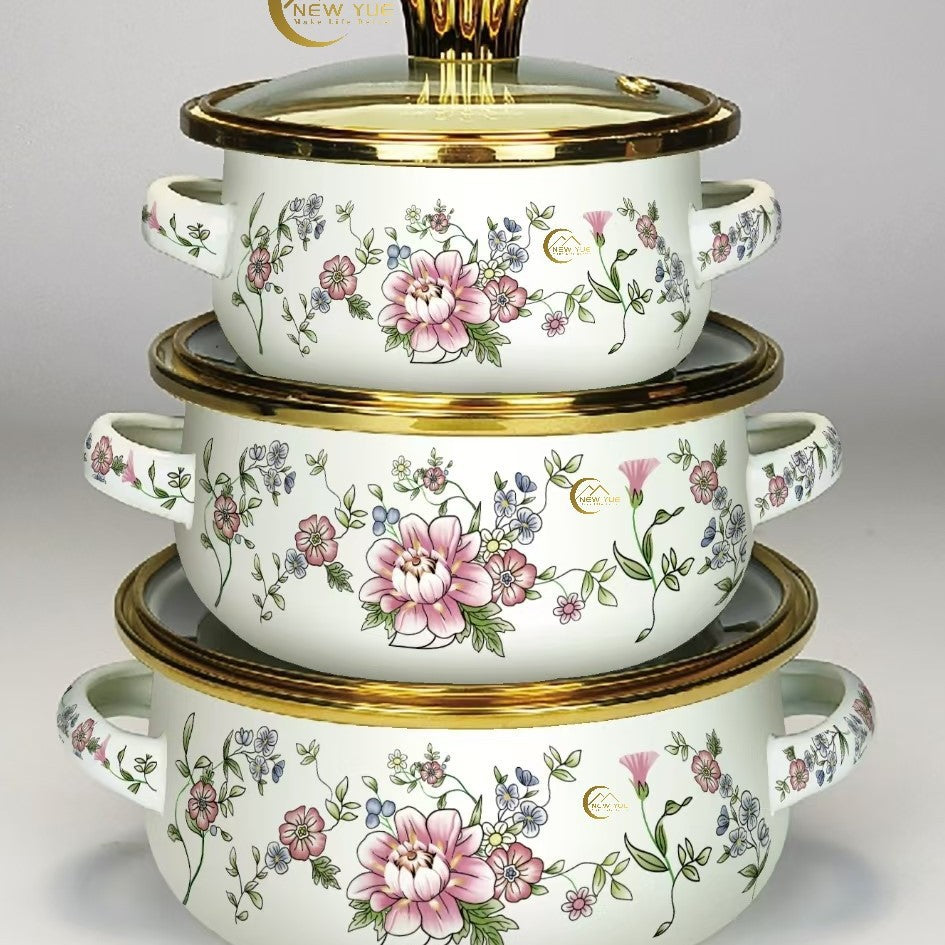 Export cross-mirror enamel small 3-piece pot set, exquisite soup pot, enamel pot, double-ear soup pot suit12cm/14cm16cm