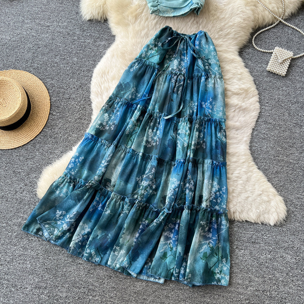 Pure desire wind blue printingtube topsilm two-piece set women's summer slimming look vacation style suit skirt classy