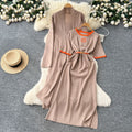 European station  spring/autumn new women's fashion high-end belted short-sleeve maxi dress long-sleeve outerwear knitted two-piece set