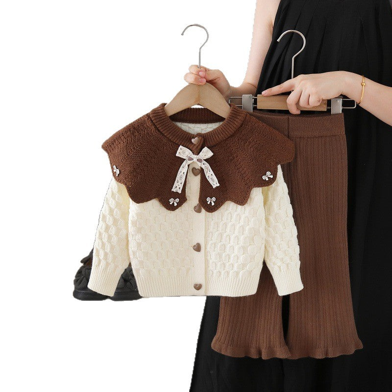 Kids' knit sweater cardigan with oversized collar -  autumn new arrival - two-piece set for little girls: cardigan and pants