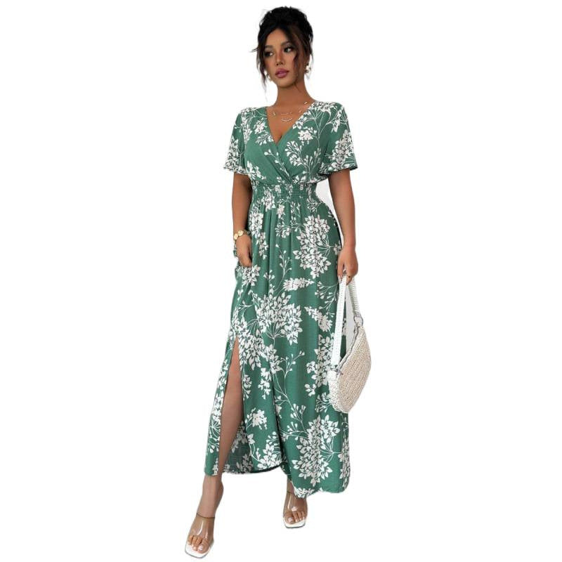 cross-border european and american floral print dress - butterfly sleeve, slit thigh maxi dress