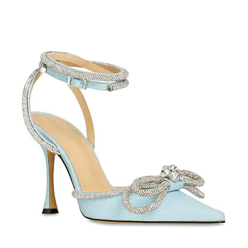 European and american high heels 2026 new bowknot women's shoes rhinestone pointed toe pumps strappy stiletto ultra high heels