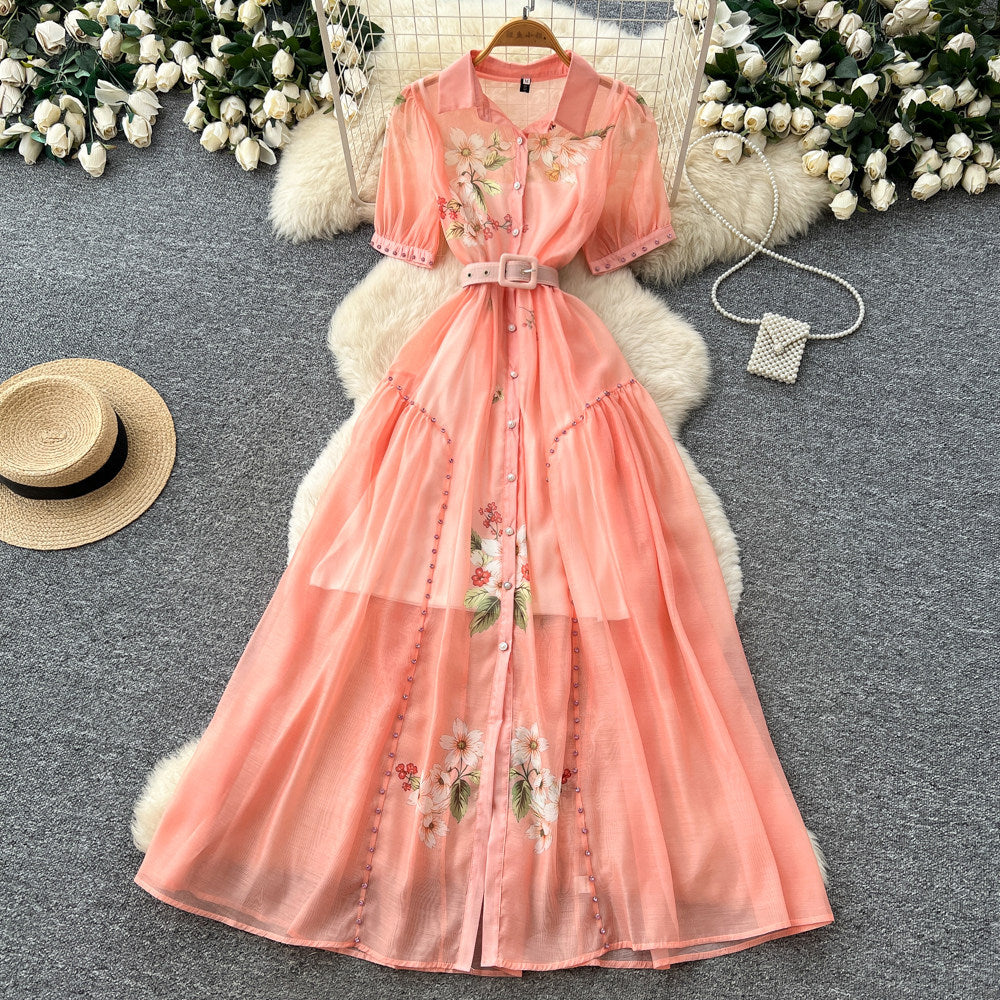 Elegant bubble sleeve floral embroidered dress - korean style, cinched waist, a-line silhouette, soft & chic, perfect for work