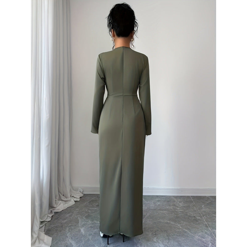 Women's autumn/winter solid color elegant v-neck ruched waist slit design long sleeve dress with metal buckle detail
