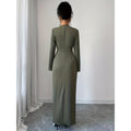 Women's autumn/winter solid color elegant v-neck ruched waist slit design long sleeve dress with metal buckle detail