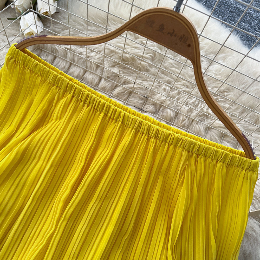 Vacation style yellow one shoulder two-piece set women's spring autum pleated long sleevespleated skirtelegantsuit dopamine style