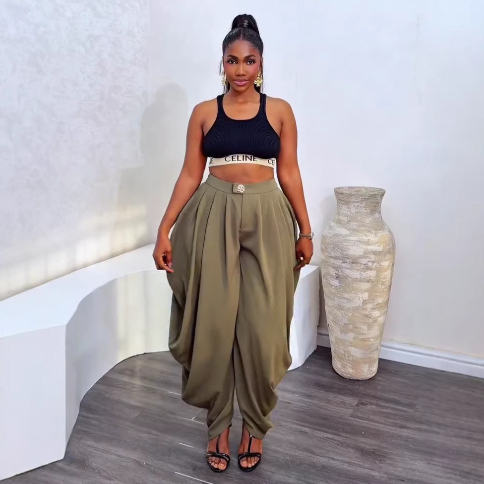 European and american cross-border women's fashion:  summer new arrivals - high-waisted, slimming, designer casual solid color loose wide-leg pants for women