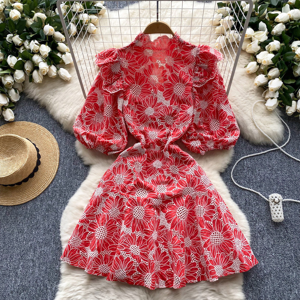 summer new arrival: french-inspired, unique, slimming v-neck lantern sleeve embroidered print cinched waist dress for women