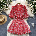 summer new arrival: french-inspired, unique, slimming v-neck lantern sleeve embroidered print cinched waist dress for women