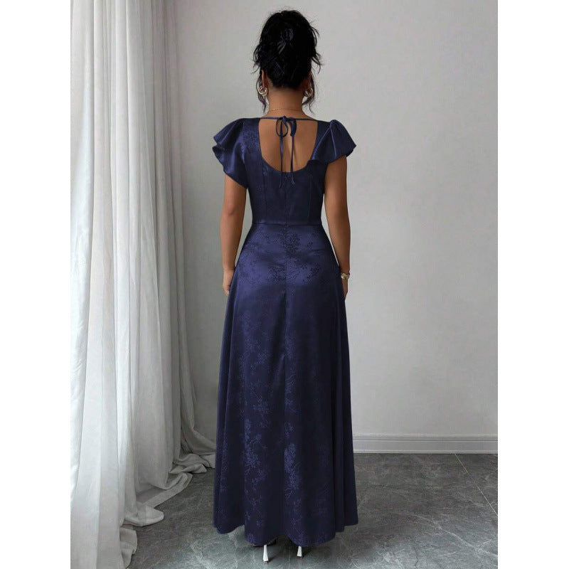 fashionsummernew arrival square collar ruffle sleeves waist slimming lookelegance jacquard slit dress for women