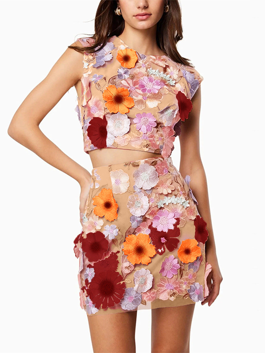 Spring  women's skirt set: high-end embroidered crochet sleeveless cropped top and bodycon midi skirt two-piece outfit
