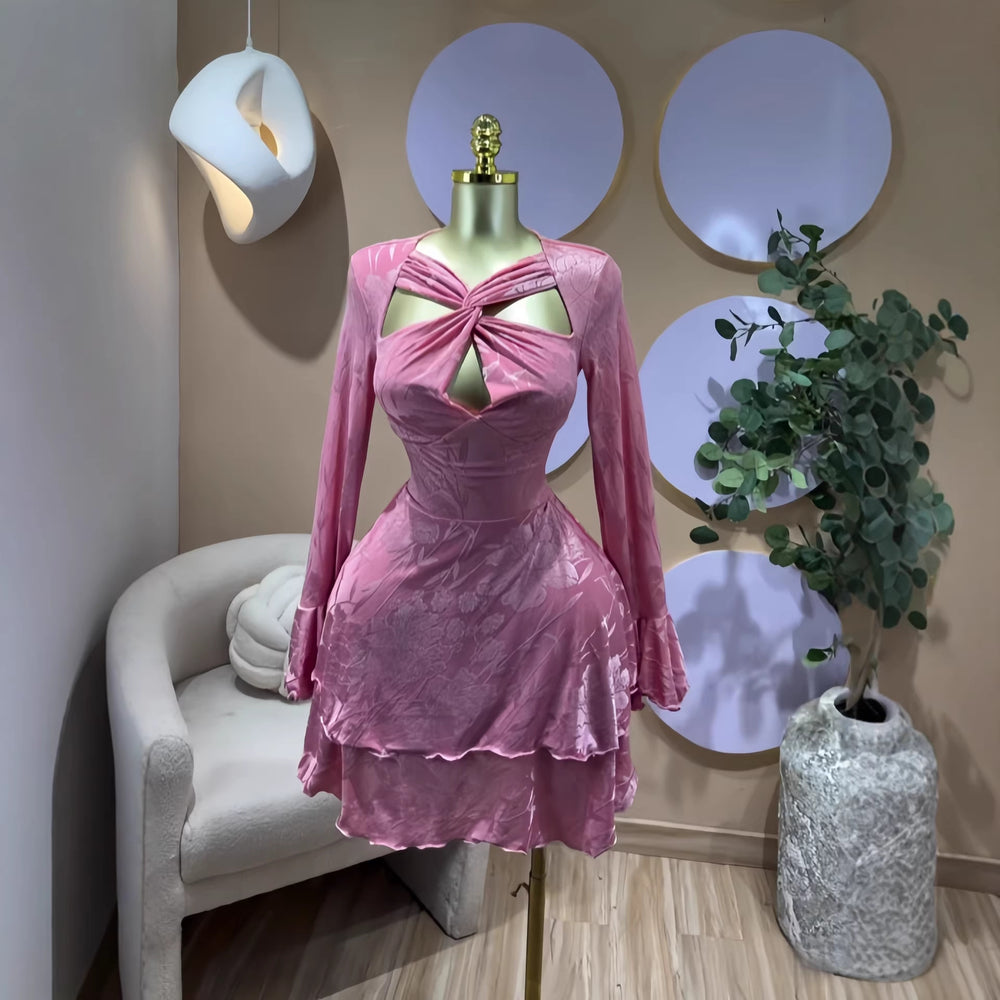 European and american cross-border chic women's spring  new solid color long sleeve crisscross bandeau bodycon mini dress