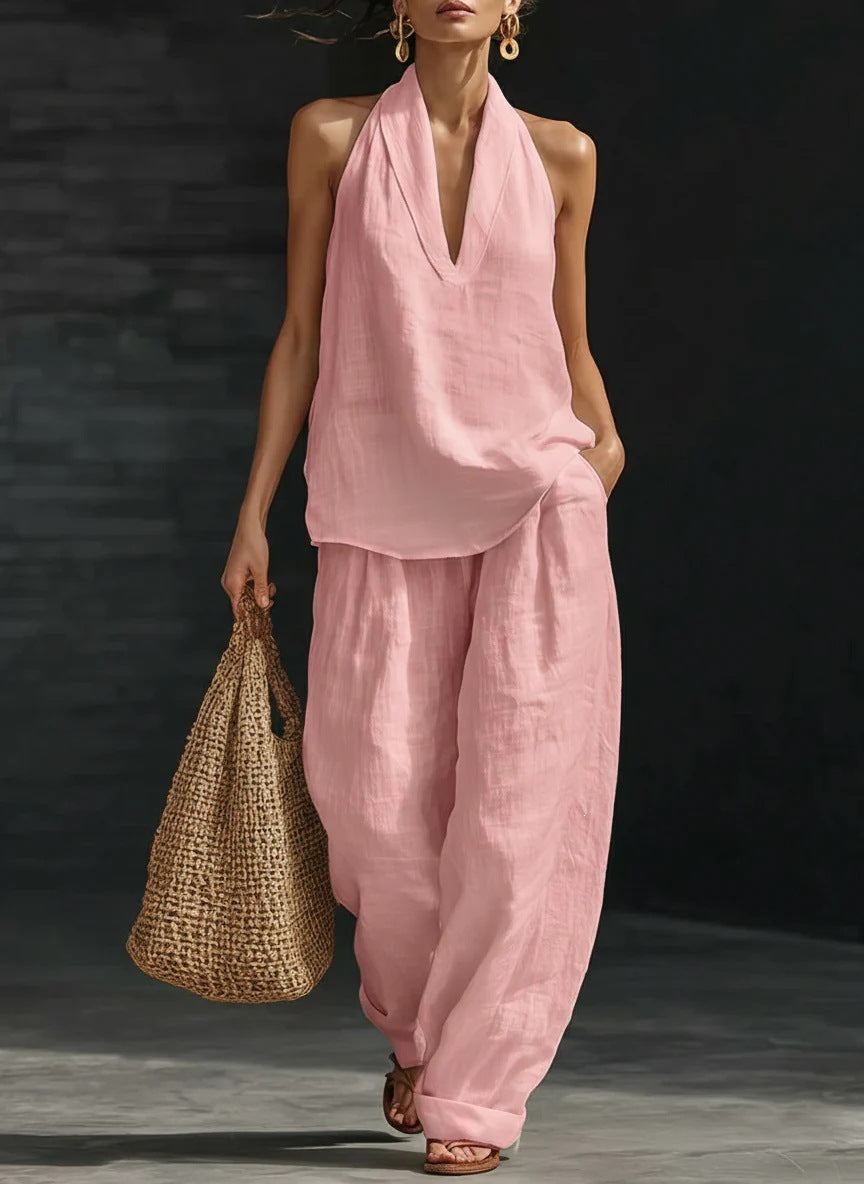 spring/summer hot seller: french chic halter v-neck open-back top & cool, comfortable, slimming wide-leg pant set