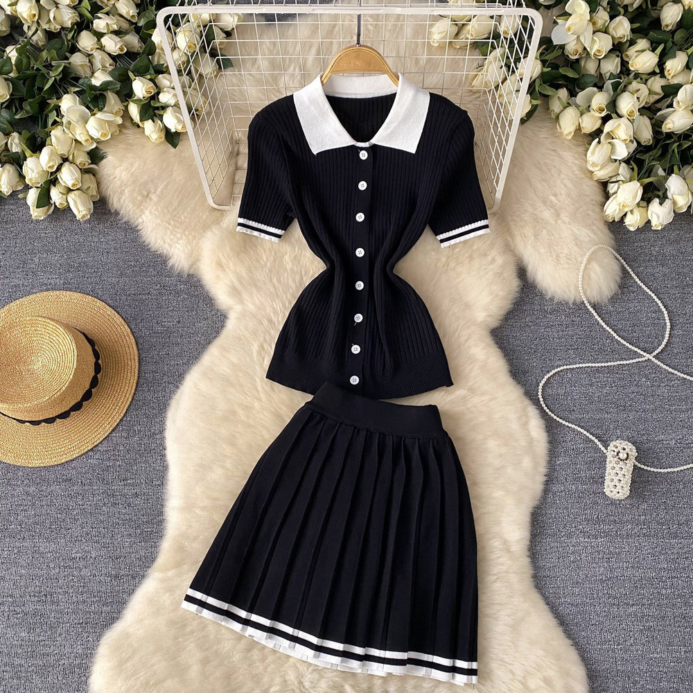 Pure desire hot girl style contrast color polo collar short sleeve shirt tops + high waistslimming look pleated skirt two-piece set summer