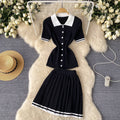 Pure desire hot girl style contrast color polo collar short sleeve shirt tops + high waistslimming look pleated skirt two-piece set summer