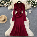 Celebrity niche styleclassy sense v neck two capsules button long sleeves waist knittingdress female autum inner wear sweater long skirt