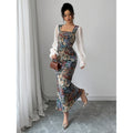 Aliexpress 1688 independent station women's oil canvas patchwork chiffon square neck elegancedress