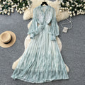 French romantic lantern sleeve printed dress - women's summer a-line maxi dress with cinched waist and tie detail - high-end and elegant