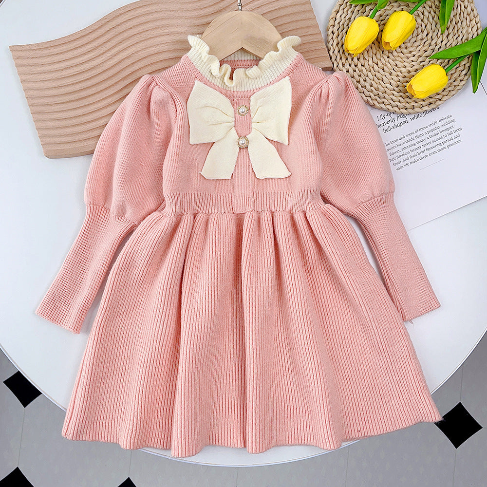 Girls' autumn/winter korean style knit dress with floral lace and cinched waist, cute bow detail, baby dress