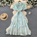 Korean style pink lantern sleeve mesh dress - women's summer sequin waist a-line elegant commute maxi dress