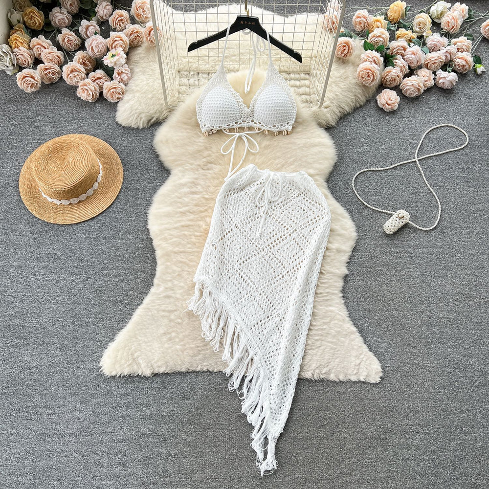 Ins vacation style suit women's sense of design bikini halter vest easiest for match tassel skirt knittingtwo-piece set