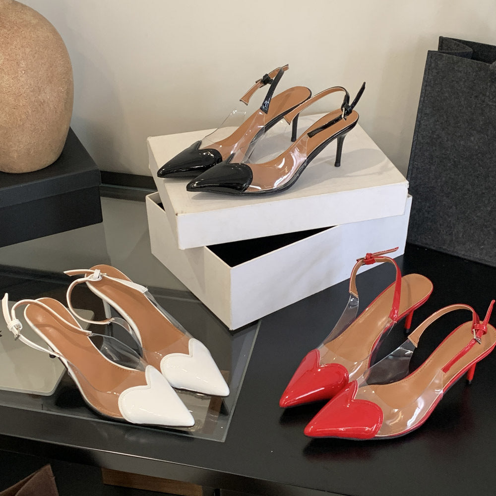 French pointed-toe stiletto sandals for women, 2026 new collection, red patent leather with transparent paneling, single buckle strap high heels