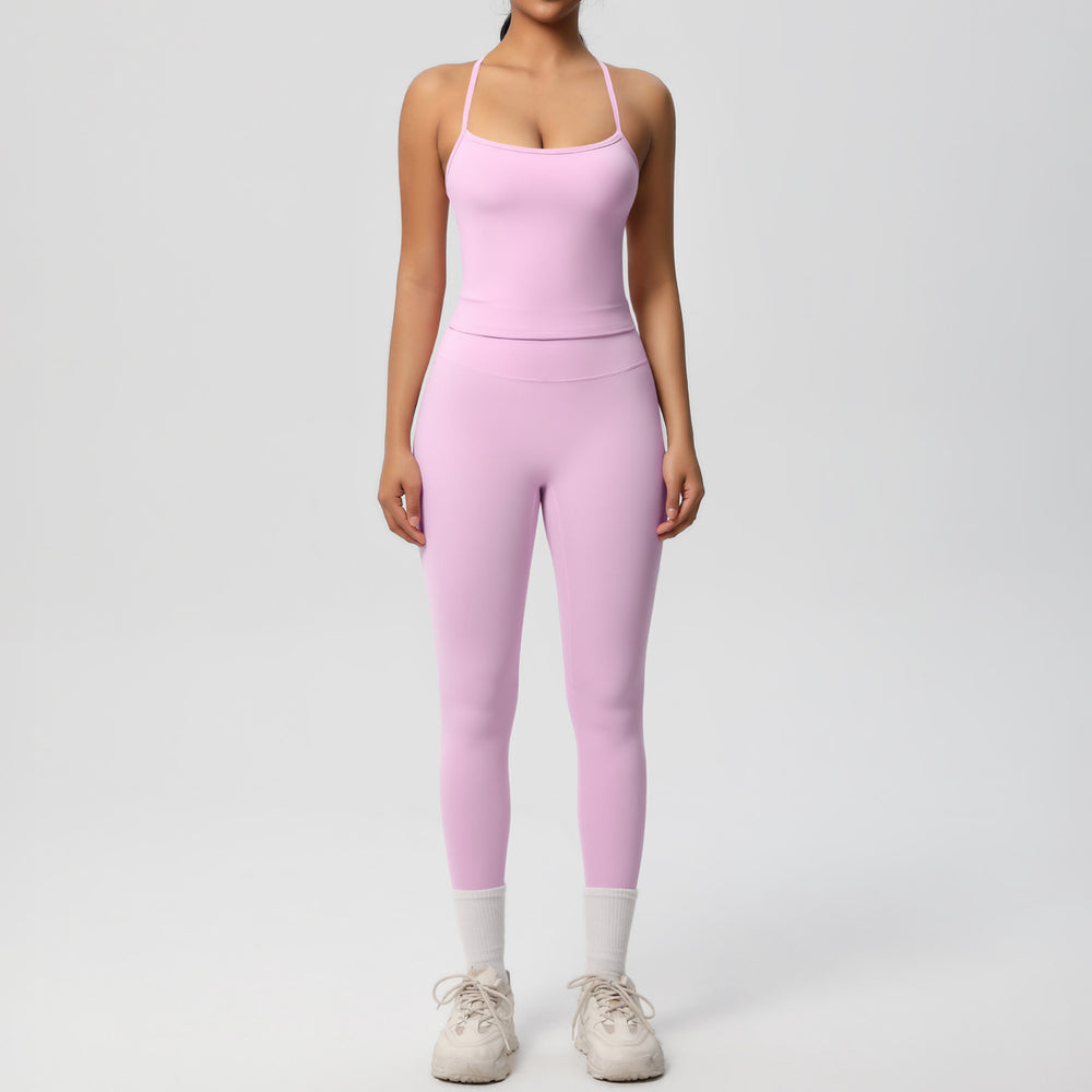 Ready-to-ship, solid color, nude-feel, double-sided brushed, racerback, form-fitting activewear yoga set – perfect for running and fitness. two-piece set
