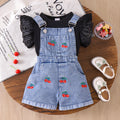 european and american girls' black short-sleeved t-shirt + blue suspender shorts two pieces