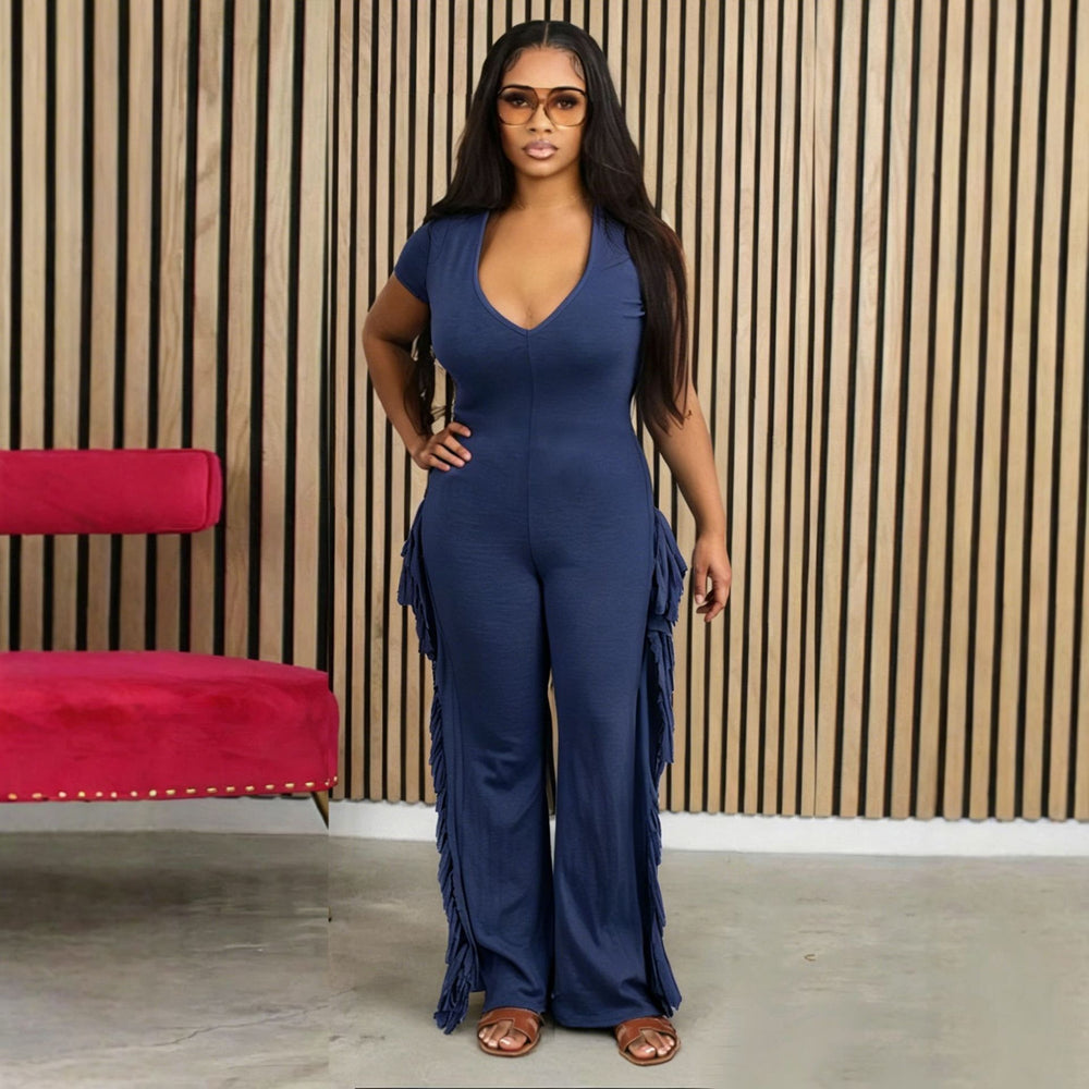 new cross-border european and american  hot-selling women's retro slim-fit one-piece tassel casual jumpsuit