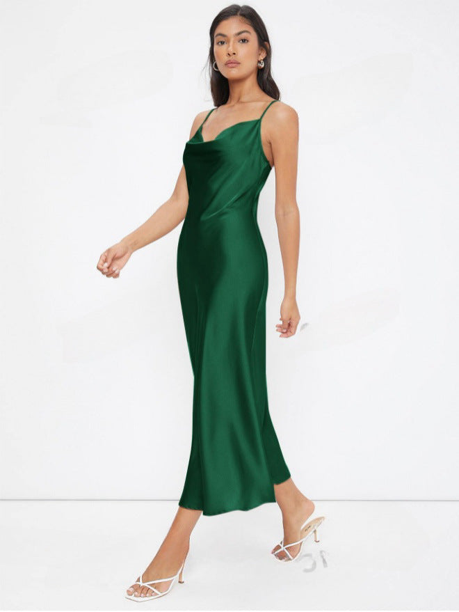women's fashion: european and american  spring/summer new collection - satin cami dress with deep v-neck, slim fit, and solid color