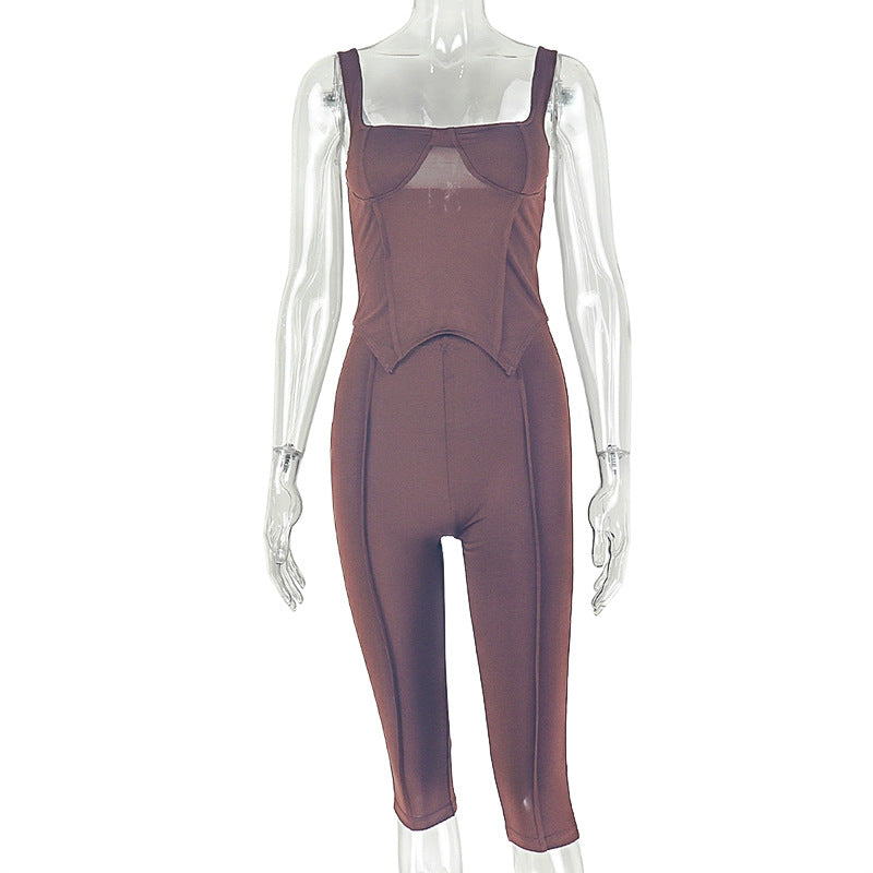 Fashion style cross-border pure color sports outing women's casual halter pants suit chest-wrapped sleeveless backless trendy two-piece set