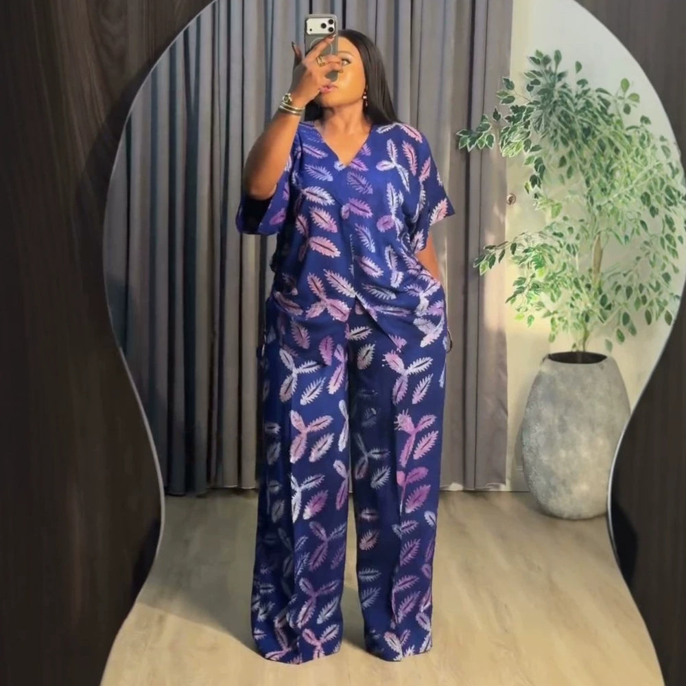african women's clothing  summer new arrival: elegant v-neck drawstring loose plus size printed top and pants set