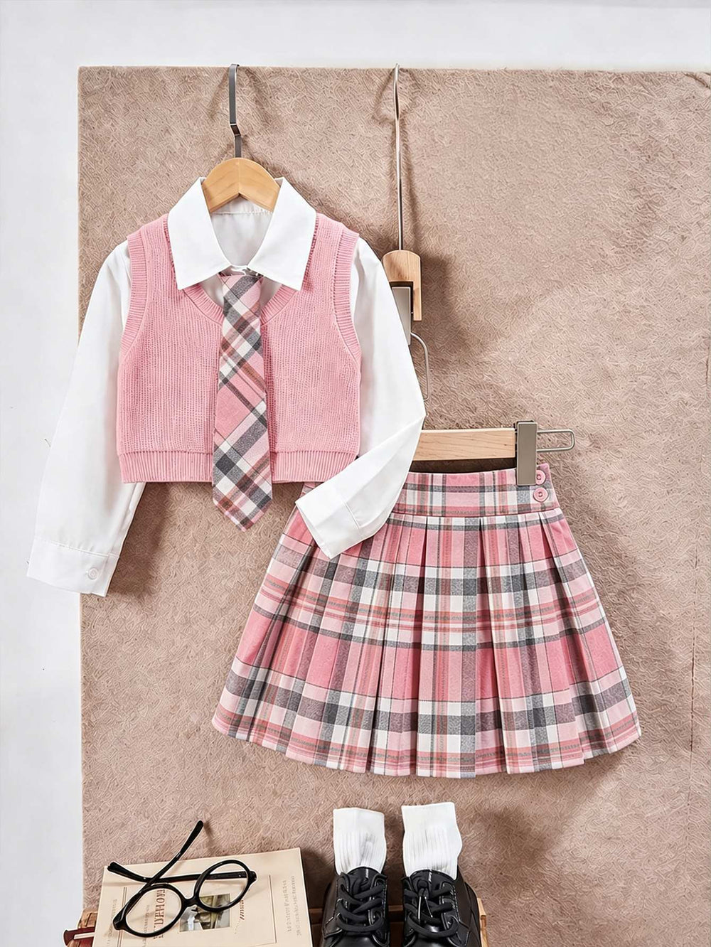 cross-border exclusive: preppy collar shirt + knitted vest with tie + pleated mini skirt three-piece set