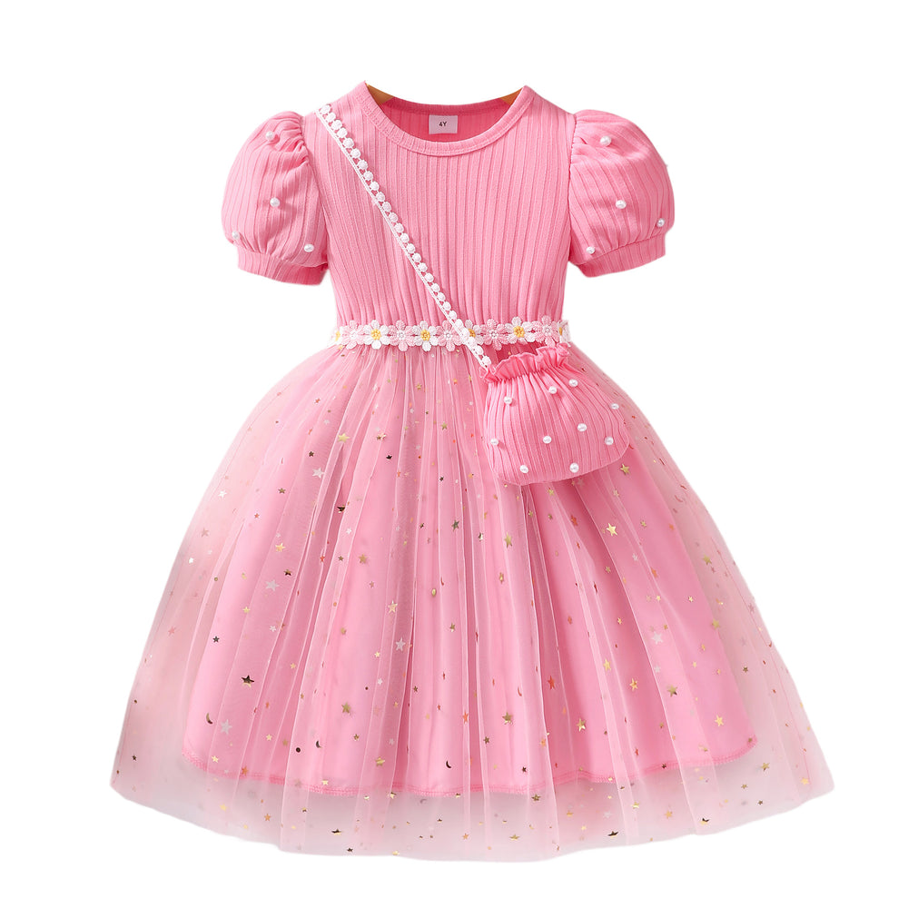 Girls' ribbed knit & mesh patchwork dress with crossbody bag (toddler/little kid)