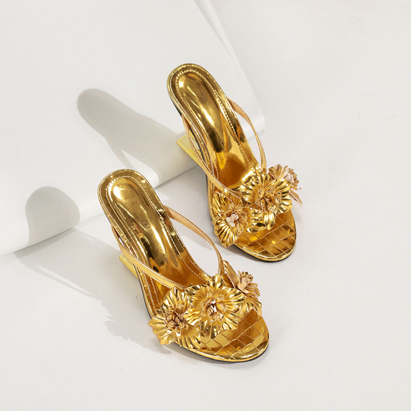 European and american style ankle strap platform heel sandals with unique metal heel and exquisite floral embellishments - new summer 2025 collection