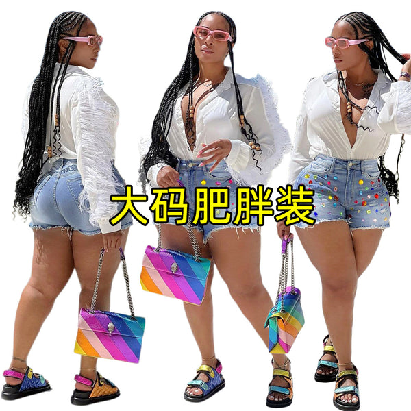 S390354 Cross-border European and American fringed polished denim shorts colored diamonds, large size fat jeans casual straight pants