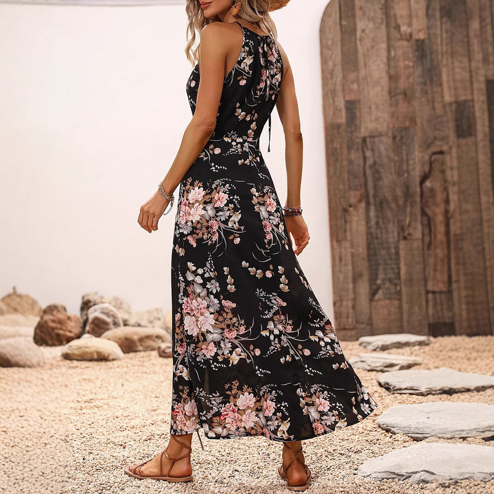 Amazon women's clothing japan summer new high-waisted printed dress vacation style slit halter maxi dress