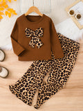 girls' two-piece set: brown long-sleeve top with leopard print bow detail and flared pants - casual kids' outfit