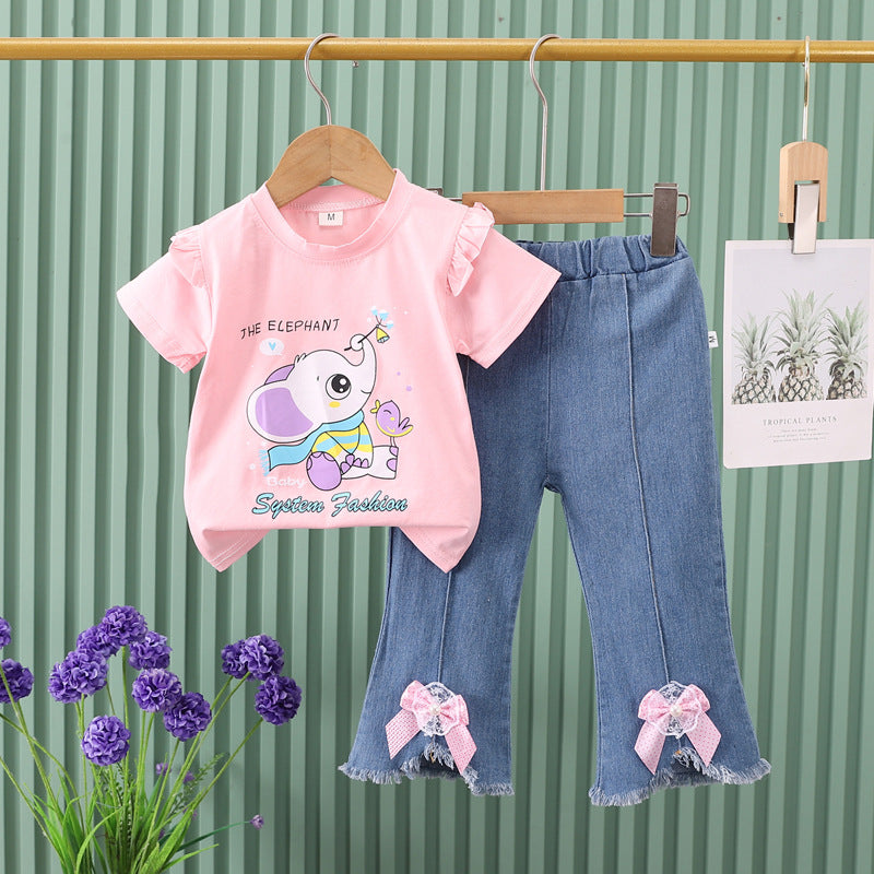Direct from the factory! girls' summer two-piece set: pink cartoon tee + bowknot denim shorts. ready to ship!